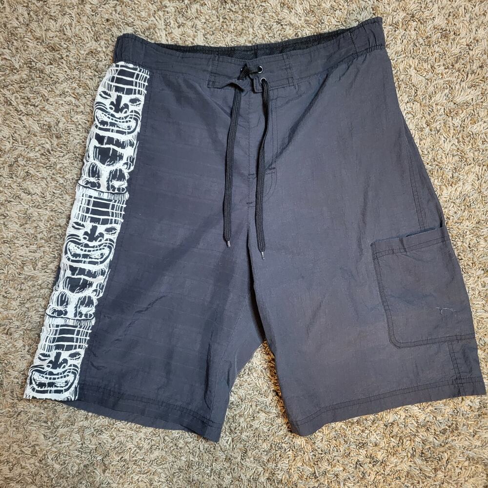 Vintage Utility Nylon Swim Trunks Mens Black 90s Drawstring Shorts